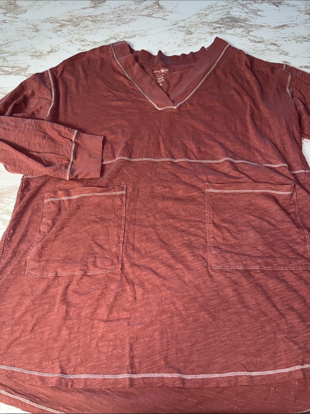 Natural life Rust Red V-Neck Top with Contrast Stitching